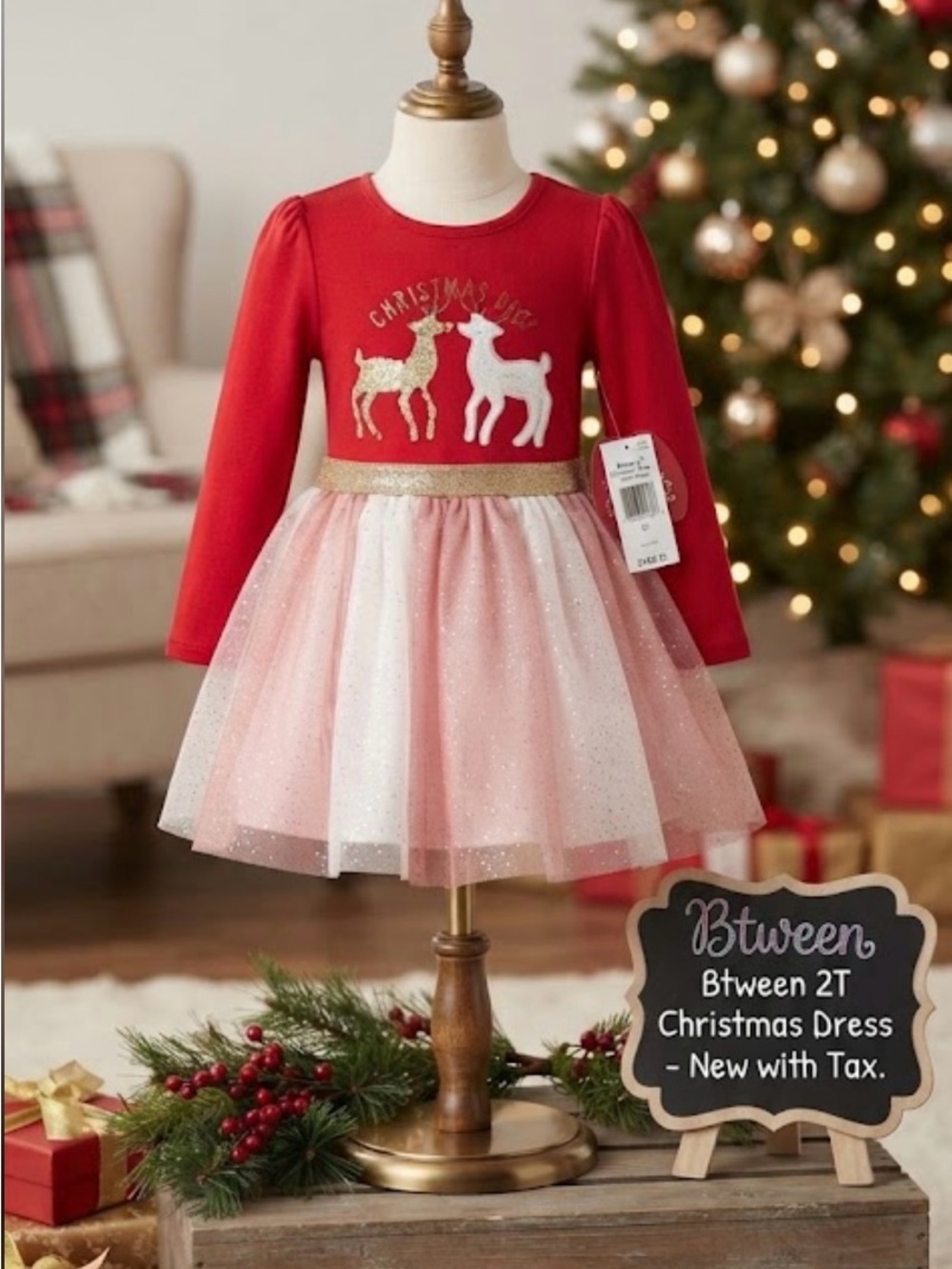 NWT ~ Btween Red and Pink Girls' Sparkle Tulle Christmas Dress ~ Size 2T